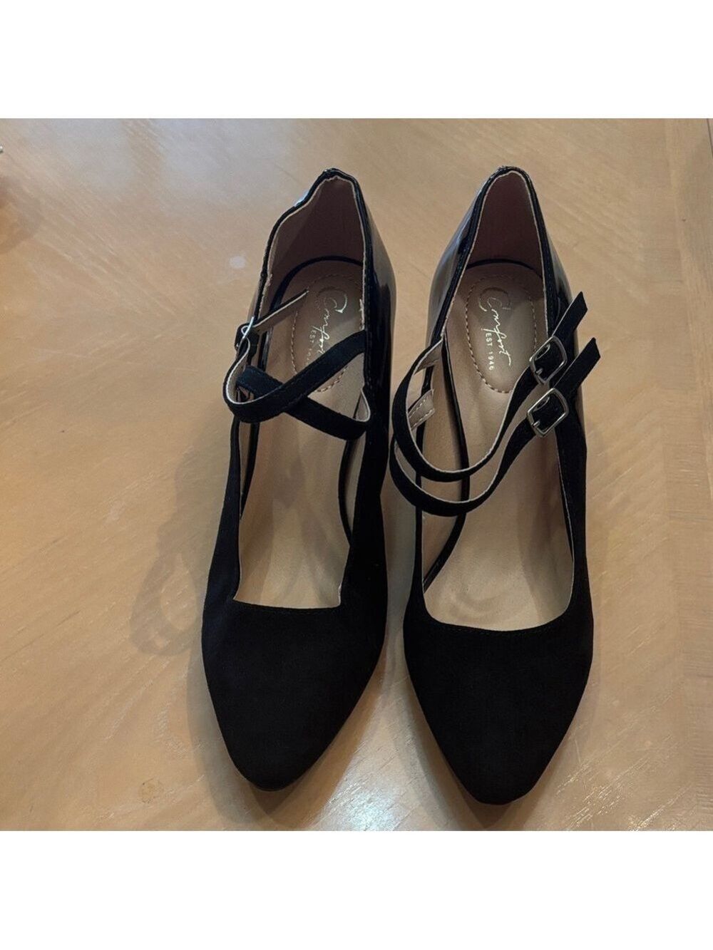 C Comfort Black Faux Suede And Vegan Leather Almond Toe Block Heel Pump - Size 9